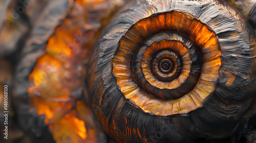 Close-up of a spiral shelled snail with burnt, orange-brown markings. [Steamspire Wastes] | Engine Husk | burned shell. Illustration