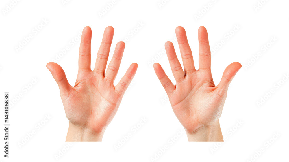 Fototapeta premium Two Open Palms Showing Five Fingers Each, Isolated on White Background