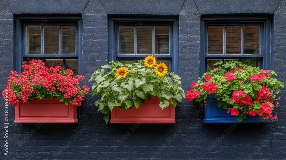 Fototapeta premium Colorful flower boxes on dark brick building