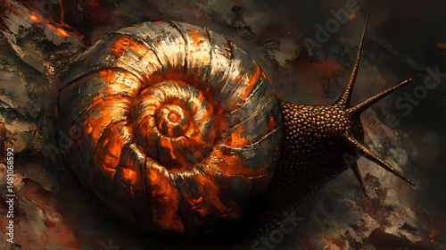 Close-up of a spiral shelled snail with burnt, orange-brown markings. [Steamspire Wastes] | Engine Husk | burned shell. Illustration photo