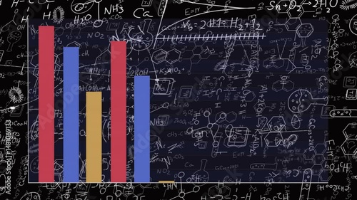 Bar chart being animated on flat design, featuring seven red blue gold bars amid science doodles