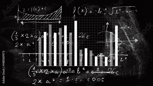 Chalkboard displaying chalk formulas framing alternating white and grey bar chart plus progress bar