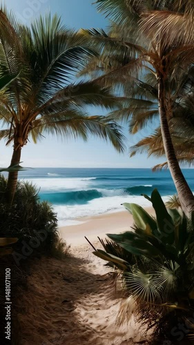 Tropical beach scene with blue ocean waves and palm trees, beautiful pathway to the sandy shore in a lush landscape, serene summer vacation