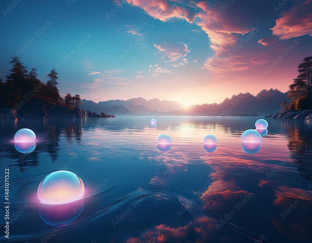Obraz premium Schwebende Lichtkugeln über Wasser