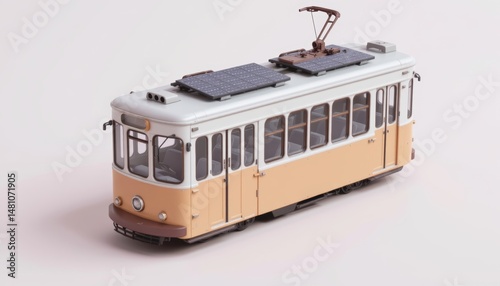 Vintage tram model on a light background.