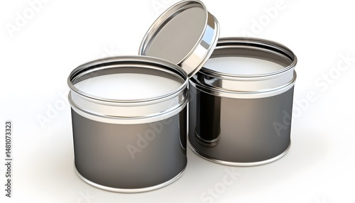 Two cylindrical containers with dark labels and silver lids.