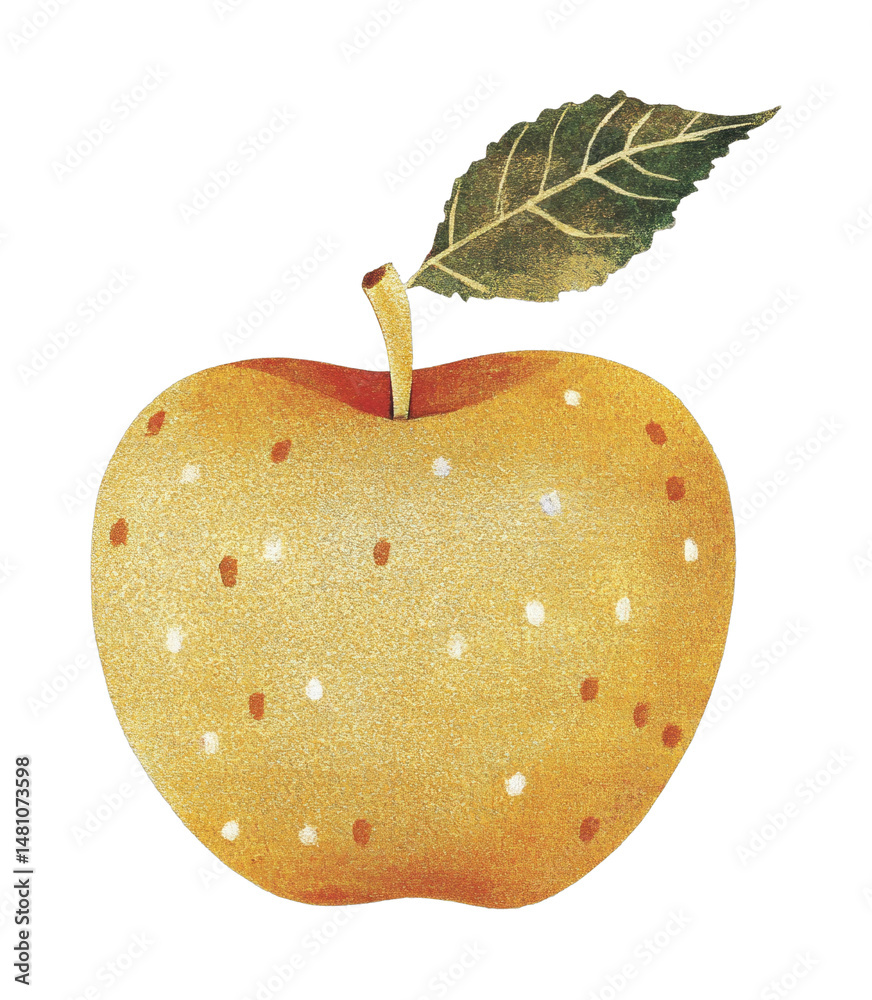 Fototapeta premium Golden apple with leaf illustration, cut out - stock png.