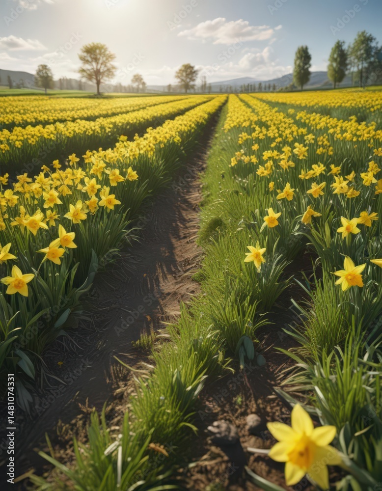 Fototapeta premium Sunlit daffodil field, vibrant yellow blooms, lush green grass, field, bright, vegetation