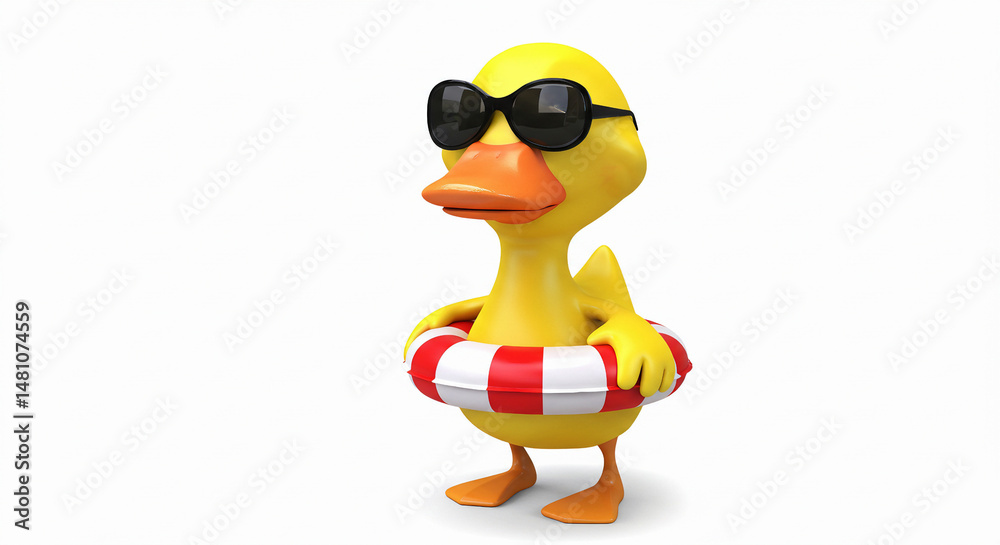 Fototapeta premium Duck wearing float ring and sunglasses, 3D cartoon, white background