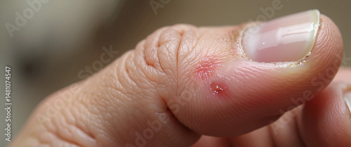 Inflamed finger with small wound close-up