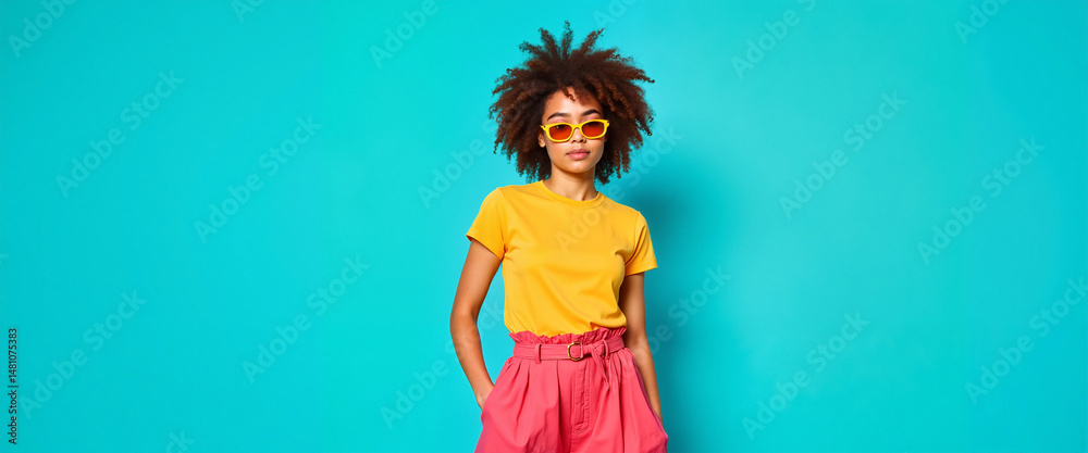 Stylish woman posing confidently against turquoise background Stylish woman posing confidently against turquoise background