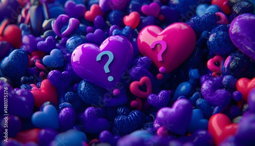 Multicolored hearts with question marks in a cluster.