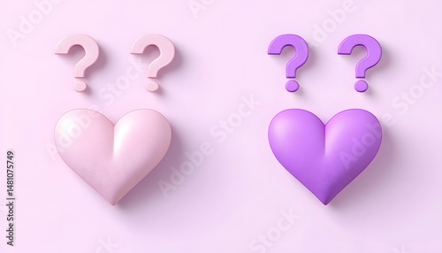 Two sets of question marks above pastel hearts.