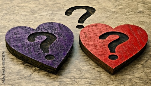 Two wooden hearts with question marks,  a visual representation of doubt.