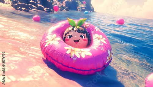 Playful character floats on a pink inflatable ring.