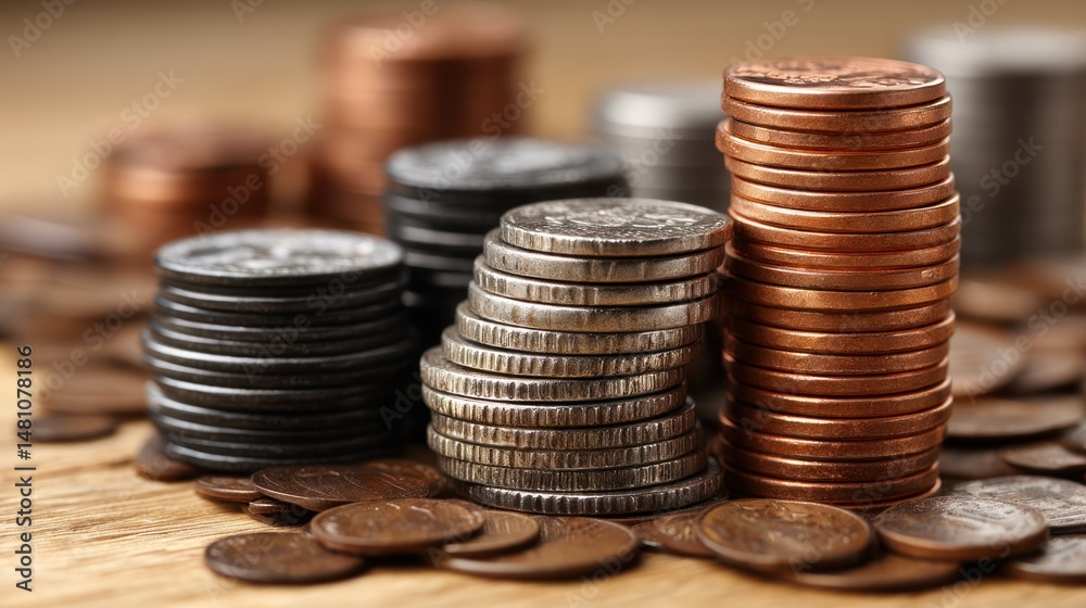 Stacks of coins on a wooden surface showing different metallic colors and textures. Stacks of coins on a wooden surface showing different metallic colors and textures.