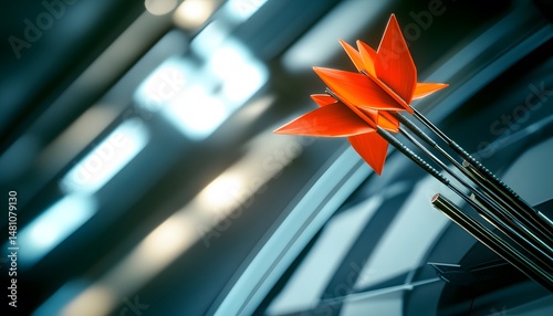 Close-up of several vibrant orange arrows in a target sport.