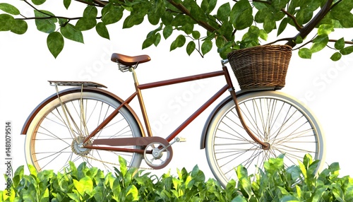 Rustic bicycle nestled beneath a leafy tree canopy.