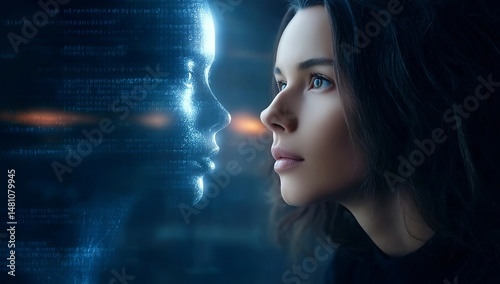 A young woman looking at her digital twin, with an AI avatar face appearing beside or within the