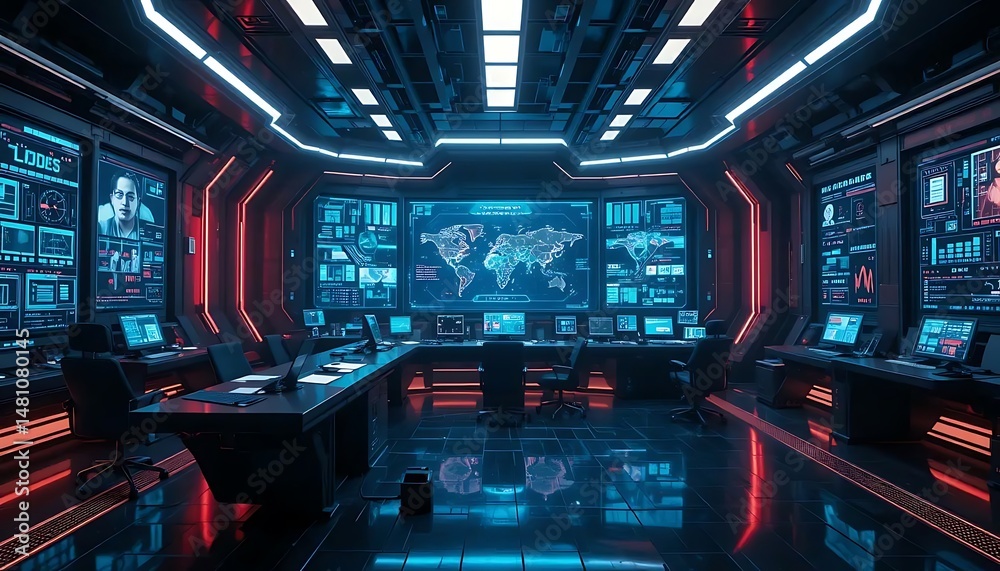 Obraz premium High-tech control center illuminated in blue and red neon lights, displaying complex global data