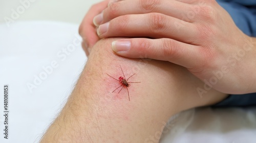 Close-up of a spider bite on a person's leg causing redness.