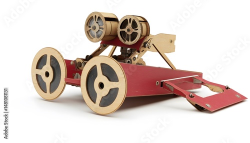 Red and light brown wooden toy vehicle with mechanical parts.