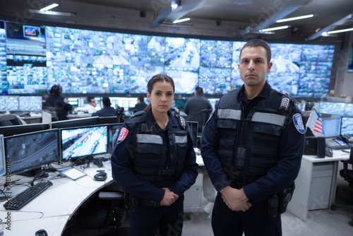 Two security officers monitor from a high-tech control room.
