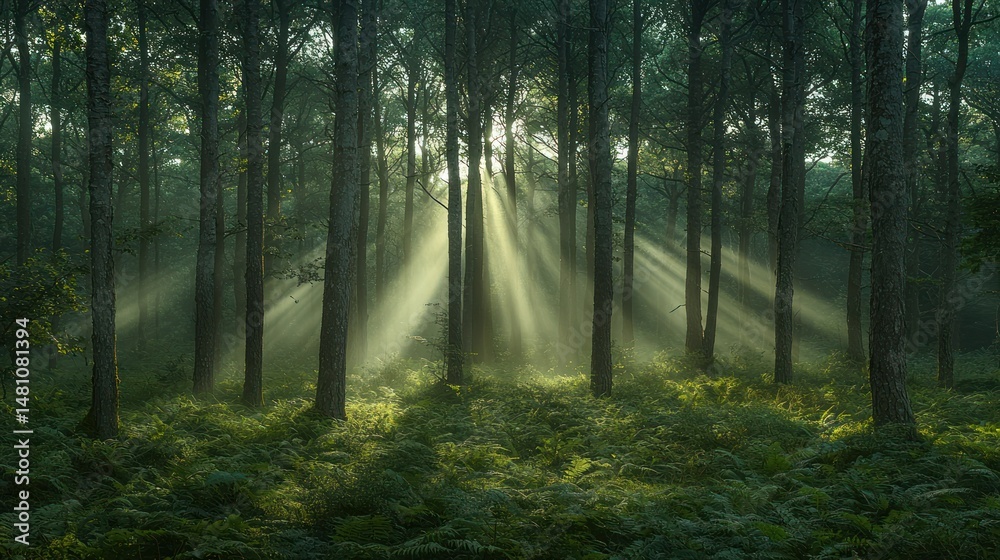 Obraz premium Sunlight streams through a misty forest. Lush ferns carpet the forest floor