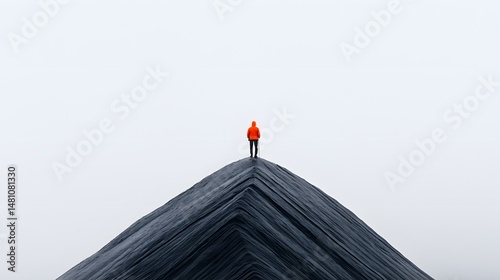 Solitary Hiker on a Hilltop in Mist