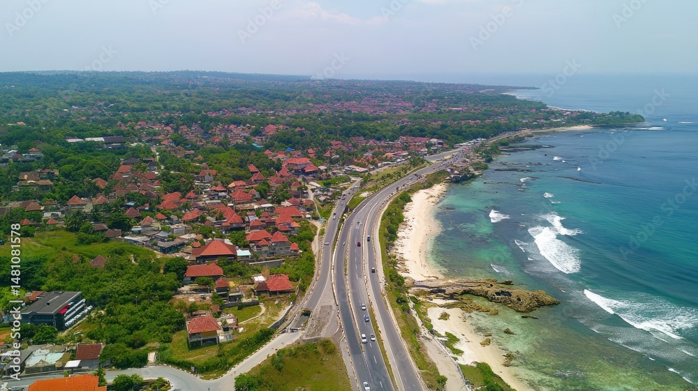 Fototapeta premium High-angle view of coastal highway and residential area.