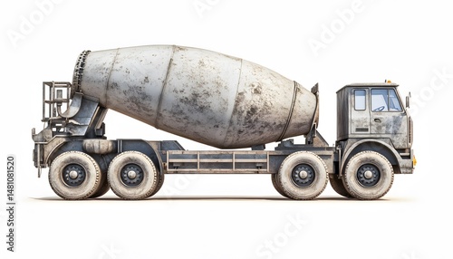 Side view of a dirty concrete mixer truck.
