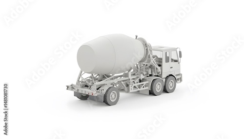 A grayscale rendering of a concrete mixer truck.