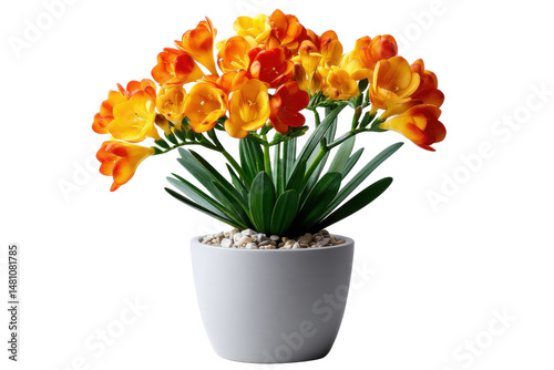 Wallpaper Mural Golden Freesia in Ceramic Pot: A captivating image of radiant orange freesia flowers, nestled in a minimalist white ceramic pot, adding a touch of elegance to any interior decor.  Torontodigital.ca