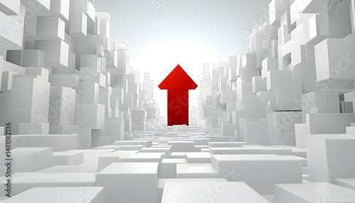 Abstract perspective of a pathway lined with white cubes and a red arrow.
