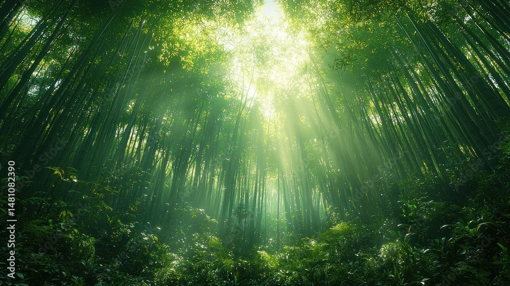Obraz premium Lush bamboo forest, sunlight beams