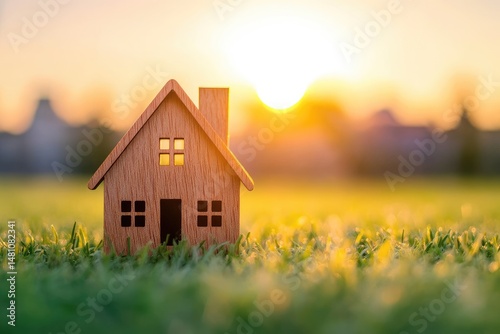 Miniature wooden house on a grassy field at sunset