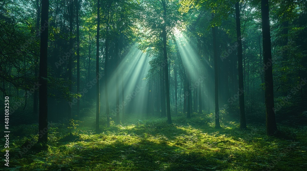Obraz premium Sunlight streams through misty forest (3)