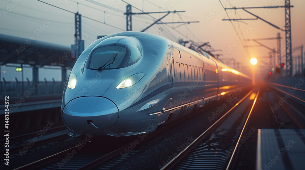 Fototapeta premium High Speed Bullet Train at Station During Sunrise with Modern Design
