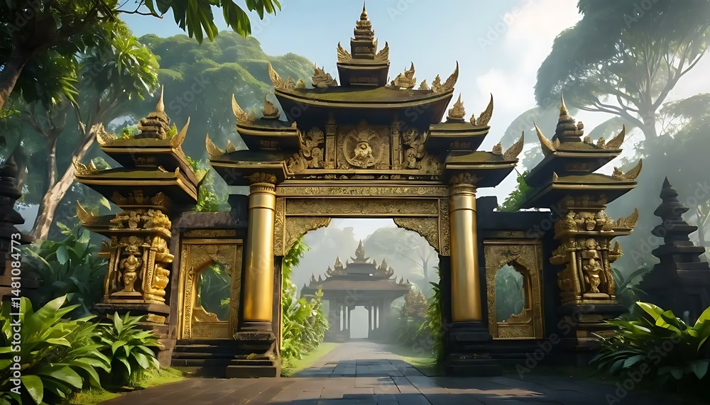 Obraz premium A golden ornamented Asian gate stands at the entrance of a lush, tranquil garden walkway scene