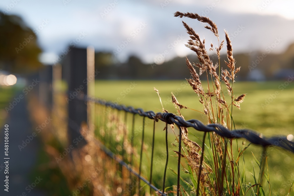 Fototapeta premium Close-up of wild grass by a fence on a sunny day.