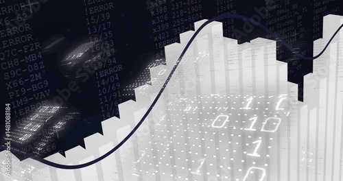 3D bar graph showing curved trend line while floating binary digits and scrolling error text