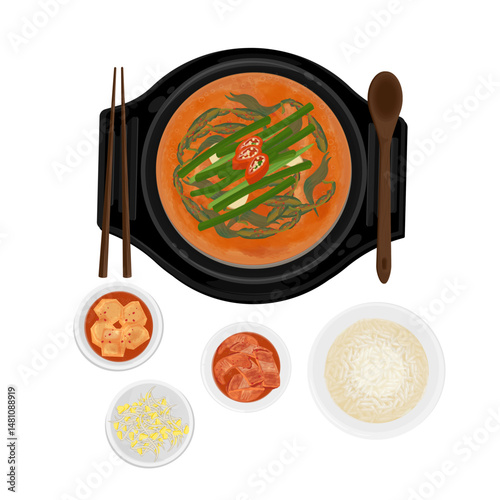 Vector Illustration logo Clipart Top View Loach soup or Chueotang with Rice and Kimchi