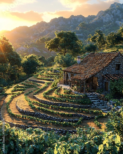 Ancient farming terrace early irrigation system visualized in layered terrain Early Agriculture historical agricultural scene golden sunlight tones digital render