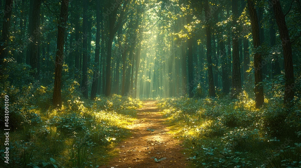 Fototapeta premium Sunlight path through dense forest