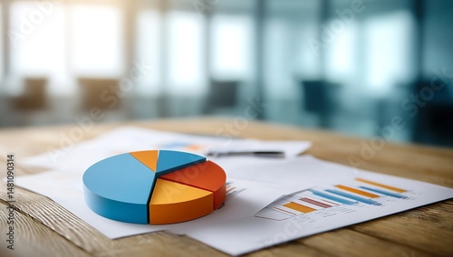 Colorful pie chart and graph on paper with a business background, financial growth concept, blue,