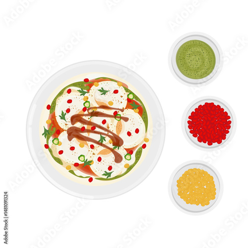 Vector Illustration logo Clipart Top View Dahi Vada or Dahi Bhalla Chaat Indian Food