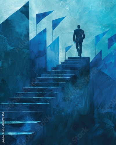 handdrawn leader climbing staircase with flags muted blues on top step .