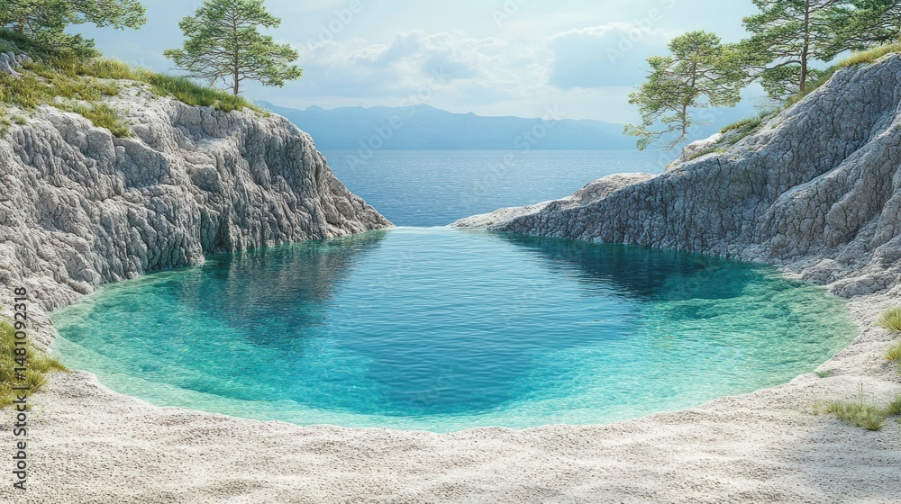 Fototapeta premium Crystal-clear pool nestled in rocky cove, overlooking tranquil sea. Lush pine trees flank the cove
