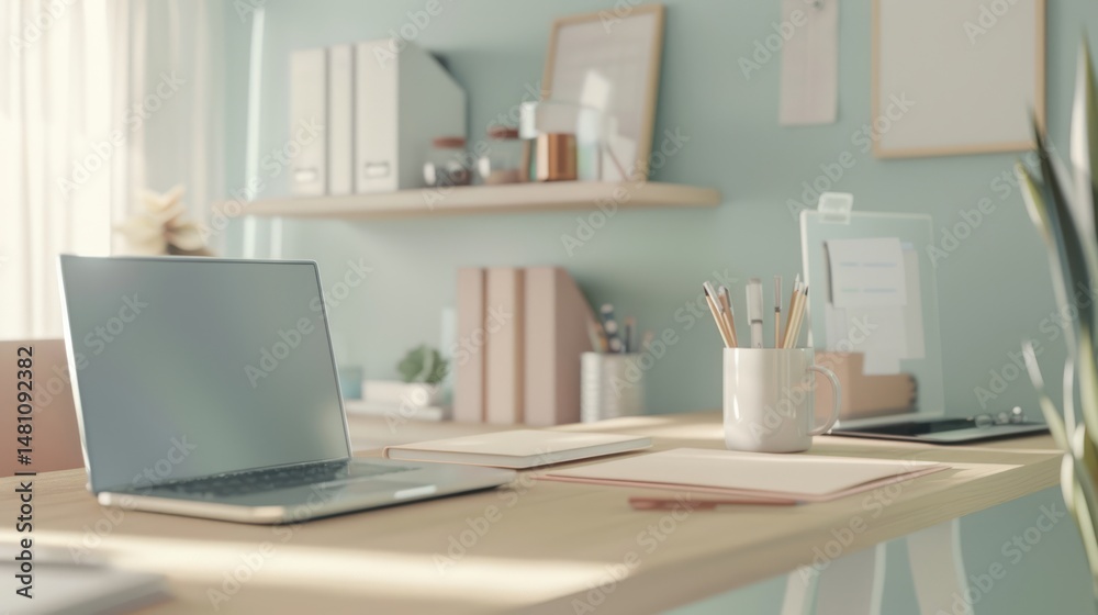 Naklejka premium A soft, pastel-toned home office workspace, featuring a laptop computer.