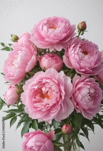 Vibrant pink peonies and roses bouquet  White background  Copy space ,  celebration,  bouquet